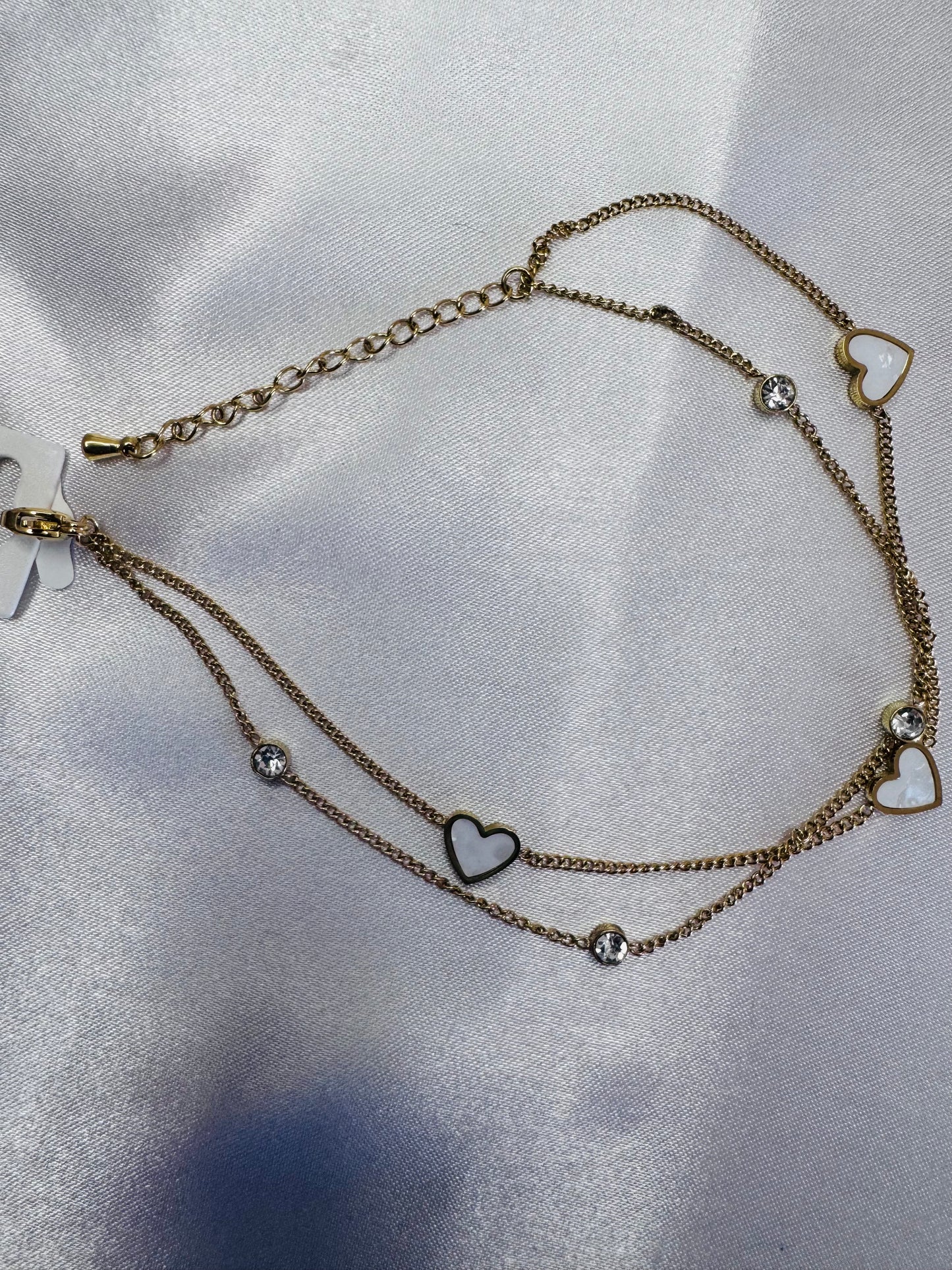 Heart Charm Anklet | Double-Layer Chain with Crystal & Enamel Hearts