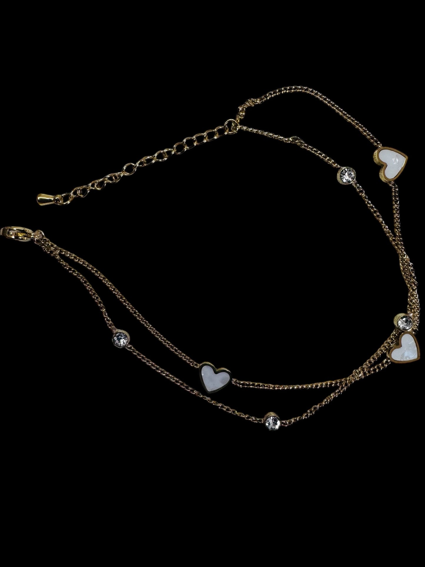 Heart Charm Anklet | Double-Layer Chain with Crystal & Enamel Hearts