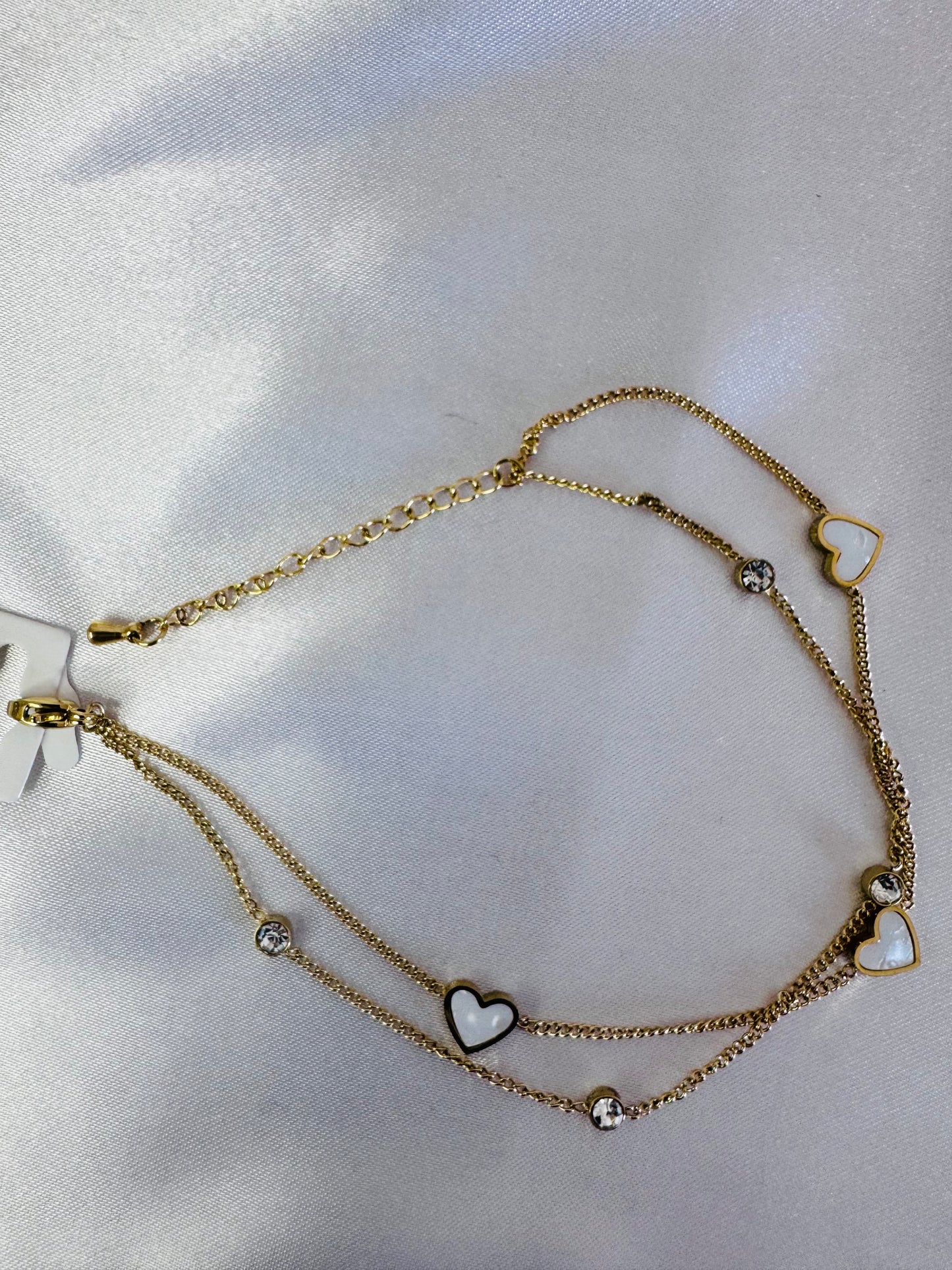 Heart Charm Anklet | Double-Layer Chain with Crystal & Enamel Hearts